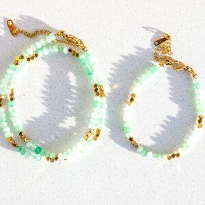Pretty Green Aventurine Beaded Necklace and Bracelet Set Waterproof Gold Jewelry